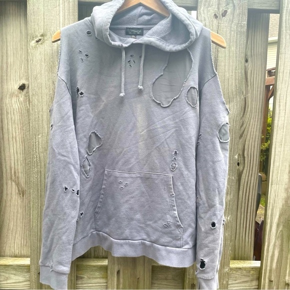 TOPSHOP Rare Cold Shoulder Distressed Ripped Sweatshirt Hoodie Size S - Picture 4 of 9